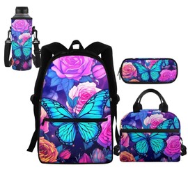 HELLHERO 4 in 1 Butterfly Backpack for Girls with Lunch Box Pencil Purse Teen Girls School Bag Kids School Backpacks Primary Schoolbag Water Bottle Sleeve Elementary Preschool Kindergarten Bookbag