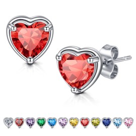 WillTen Heart Earrings Ruby Silver Studs Earrings for Women, 925 Sterling Silver Cubic Zirconia Birthstone Earrings Jewellery for Women