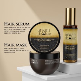 Argan Deluxe Professional Hair Care Set, Argan Oil Serum 50ml and Hair Mask 250ml, Luxury Treatment Kit