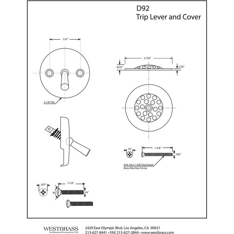 Westbrass R92-50 3-1/8" Trip Lever Bathtub and Shower Drain Kit