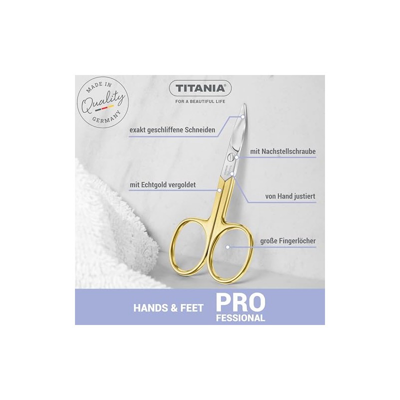TITANIA Nagelschere Solingen vergoldet (9,5cm) • Gebogene Schere • Extra