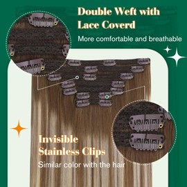 Easyouth Balayage Clip in Extensions Human Hair Brown to Platinum Blonde Clip in Real Hair Extensions Clip in Ombre Hair Remy Clip in Hair Extensions 16 Inch 120g 7Pcs