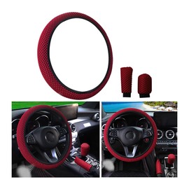 Bittwee 3PCS 15Inch Car Steering Wheel Cover Armrest Cover Gear Shift Cover Set, Microfiber Breathable Anti-Slip Automotive Steering Wheel Protector, Vehicle Interior Decor, Universal Fit（Wine Red）