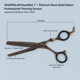 SHARPGLAM 7” Hair Thinning Scissors – Professional Texturizing Shears, Japanese 440C Steel, Offset Crane Handle (RoseMist Gold)