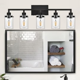 VINLUZ Bathroom Vanity Light Fixtures Over Mirror,5-Light Metal Base Black Finish Classic Wall Sconces with Clear Glass Shade Wall Mounted Lighting for Bedroom Cabinet