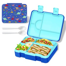 Mangoin Bento Lunch Box for Kids, Leak-Proof 5-Compartment Cute Lunchbox for Boys Girls, Drop-Proof, Food Container Microwave & Dishwasher Safe, Back to School Supplies for Ages 3 to 7, Blue/Dinosaur
