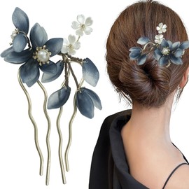 Chinese Hair Sticks,Decorative Hair Fork Pins, Blue and White Floral Design with Pearl Accents Hair Accessories for Women Girls, 4.72 inch