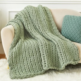 Admitrack Chunky Knit Blanket Throw, 100% Hand Knit Chenille Throw Blanket for Sofa & Home Decor, Soft and Cozy Knitted Throw Blankets (Sage Green，51"x63")