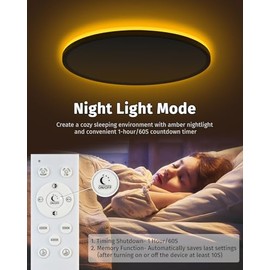 Bowfar Bowfar LED Deckenleuchte, 24W 2800LM Deckenlampe mit Fernbedienung Dimmbar 3000K-6500K, 1800K Nachtlicht Amber, Rund Badezimmer Lampe fr Wohnzimmer Kinderzimmer Schlafzimmer ?29.5x2.5cm, Schwarz