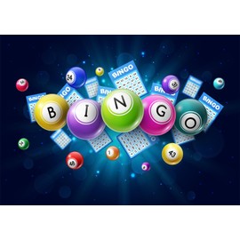 CORFOTO 7x5ft Fabric Bingo Night Theme Backdrop for Photography Game Time Snooker Game Time Cards Bingo Balls Contest Winning Ball Blue Bokeh Background for Bingo Party Decor Photo Studio Props