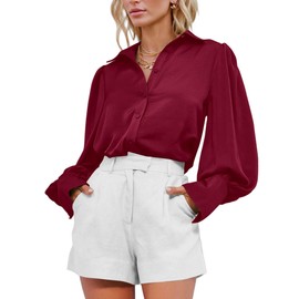 BTFBM Women Satin Button Down Shirts Summer Fall Lantern Long Sleeve Lapel V Neck Blouse Loose Casual Office Work Tops(Solid Wine Red, Medium)