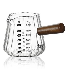 Joeyan 7 oz Espresso Cups, Glass Measuring Cup, Espresso Shot Cup with Spout and Wood Handle, Clear Espresso Shot Glass, Ribbed Milk Frothing Pitcher, Espresso Machine Coffee Bar Accessories