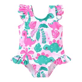 YOUNGER TREE Toddler Baby Girls Swimsuit Infant One Piece Bathing Suits Cute Dinosaur Beach Wear Sunsuit Ruffle Swimwear(Dinosaur + Leaf,3-6 Months)