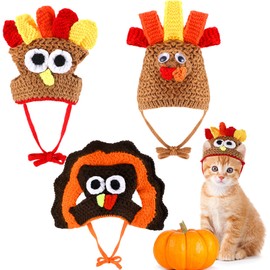 Huhumy 3 Pcs Knitted Turkey Cat Costumes Cat Dog Thanksgiving Turkey Hat Small Kitten Dog Pet Costumes Knitted Cap Thanksgiving Apparel Cosplay Accessory Headwear