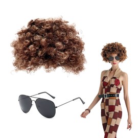 VIKSAUN Hippie Costume Set, Funky Afro Wig, Sunglasses, 70s 80s Disco Wig Costume Set, Hip Hop Costume Kit Rapper Costume, 60s 70s Hippy Fancy Dress Mens Accessories,for 50/60/70s Theme Party (2 Pcs)