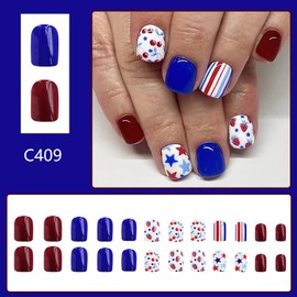 Independence Day Press on Nails Short Square Shape Glossy July 4th Acrylic False Nails with Star Line Designs Artificial Patriotic Square Holiday Fake Nails Glue Stick on Fingernails for Women Girls