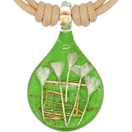 CHUVORA Hand Blown Glass Green White Dried Flower Teardrop Pendant Necklace for Women, 16-32 inches