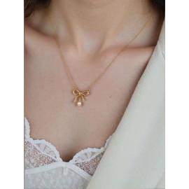 B BBPM Gold Necklace for Women - Bow Necklace Cute 14K Gold/Silver Plated Dainty Coquette Preppy Stuff Pendant, Trendy Choker Simple Charm Jewelry for Teen Girls Clean Girl Aesthetic Bow Necklace