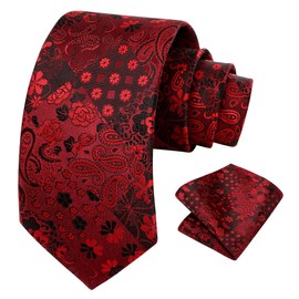 HISDERN Red Black Men's Floral Tie Paisley Wedding Ties for Men Formal Necktie Handkerchief Set