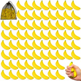100 Pcs Banana Stress Relief Toys Fidget Anxiety Toys Tiny Foam Squishy Banana Mini Fidget Toys Mini Stress Balls with Storage Bag for Adult Anxiety Relief School Carnival Reward Party Favors Supplies