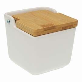 Ceramic Salt Jar with Bamboo Lid Square 8.8 x 8.8 x 8.8 cm for Salt, Spices or Sugar, Modern Design for the Kitchen, Available in Black, White and Red (White)