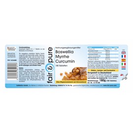 Fair & Pure Boswellia Myrrh Curcumin with Vitamin D3, 180 Tablets, Frankincense Extract, Dietary Supplement without Magnesium Stearate, Made in Germany