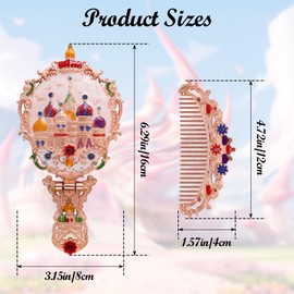 UOIXPUHUO Antique Handheld Mirror and Comb Set, Metal Castle Hand Mirror Makeup Mirror with Hairbrush, Foldable Vintage Hand Held Mirror for Travel, Pink