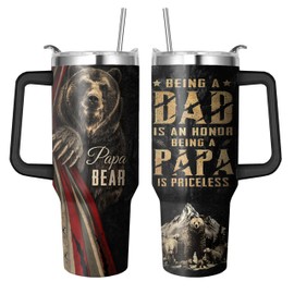 Ksoemar 40 Oz Papa Bear Tumbler with Handle and Straw, Double Wall Stainless Steel Cup, 40 Oz Leak Proof Insulated Mug, Bear Gifts for Dad and Fathers Day Gift