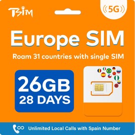 Europe SIM Card 28 Days 26GB 5G Data & Unlimited Local Calls in 31 Countries – Spain Number
