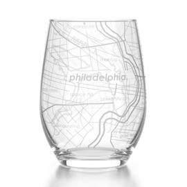 Well Told Engraved Philadelphia Pennsylvania Map Stemless Wine Glass, Etched Glass (15 oz, Clear) City Custom Gifts for Lovers