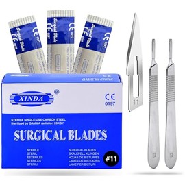 MuskalMed Pack of 100 Blades #11, Scalpel Blades for Knife Scalpel, High Carbon Steel Dermablade Blades. Individually Wrapped, Sterile + Free 2 Handle #3