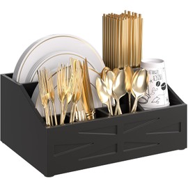 Paper Plate Dispenser,for Countertop,Paper Plate Holder for Kitchen Counter,Wood Rustic silverware holder,paper plate organizer for Fork Knife Spoons Plates,Silverware Caddy for Party,Camping