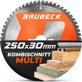 BAUBECK Saw Blade 250 x 30 + 16/20/25.4 mm Reducing Rings, 48Z, 2.5 mm Cut in Wood & Aluminium for Crosscut and Table Saws, such as Metabo KGS 216M, Bosch GTS 635-216, GCM 8 SJL Circular Saw Blade 250