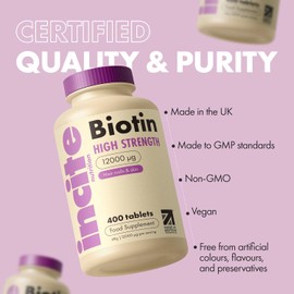 Incite Nutrition Biotin Hair Growth Support Supplement 12,000mcg - 400 Tiny 6mm Tablets (Full Year Plus Supply) - for Men & Women