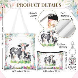 Abbylike 4 Pcs Dairy Cow Gifts for Women Highland Cow Horse Pig Cow Animal Lover Gifts Stainless Steel Tumbler with Straw Lid Metal Keychain Canvas Tote Bag Cosmetic Bag Gifts for Christmas Birthday