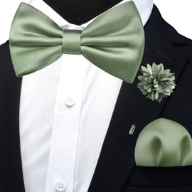 Branduce Sage Green Bow Tie for Men Wedding Solid Satin Silk Bowties Pocket Square and Lapel Pin Brooch Set (BB07-26)