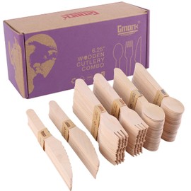 Disposable Wooden Cutlery 200pcs Set by Gmark - Biodegradable Utensils - 80 Forks, 80 Spoons and 40 Knives - Parties, Events, BBQ, Weddings, Picnics GM1046