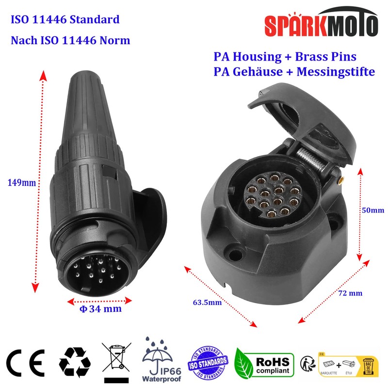 SPARKMOTO 13 Pin Trailer Plug and Socket, 12V Towing Caravan