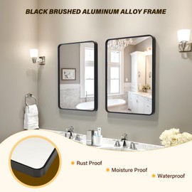 Black Metal Framed Bathroom Mirror for Wall, 40X32 Inch Rounded Rectangle Mirror, Matte Black Bathroom Vanity Mirror, Environmentally Friendly Resin Mirror, Anti-Rust, Hangs Horizontally or Vertically