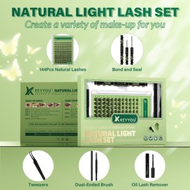 Natural Lash Clusters Kit 144Pcs DIY Lash Extension Kit Wispy Eyelash Extensions Kit D Curl 8-18MIX with Bond and Seal and tweezers with Thin Lash Band by KEYYOU（KIT-N03-D-8-18MIX）