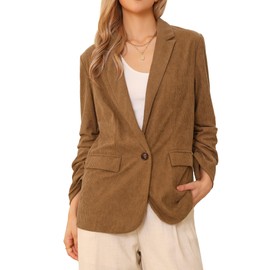 Allegra K Blazers for Women Business Casual Ruched Sleeve One Button Front Lapel Pockets Work Suit Jackets Corduroy Jacket X-Small Brown