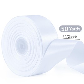1 1/2 Inch x 50 Yards Satin Ribbon - Wide Solid Fabric Ribbon for Gift Wrapping, Wedding, Party Decorations, Hair Bows, Chair Sash, Crafts - Includes 1 Tape Measure and 1 Scissors (White)