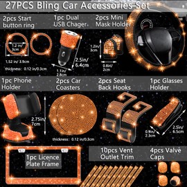 NBTEPEM 27 PCs Orange Bling Car Accessories Set for Women, Steering Wheel Covers Universal Fit 15 Inch, Bling License Plate Frame, Bling Phone Holder, Bling Car Coasters (Orange Diamond)