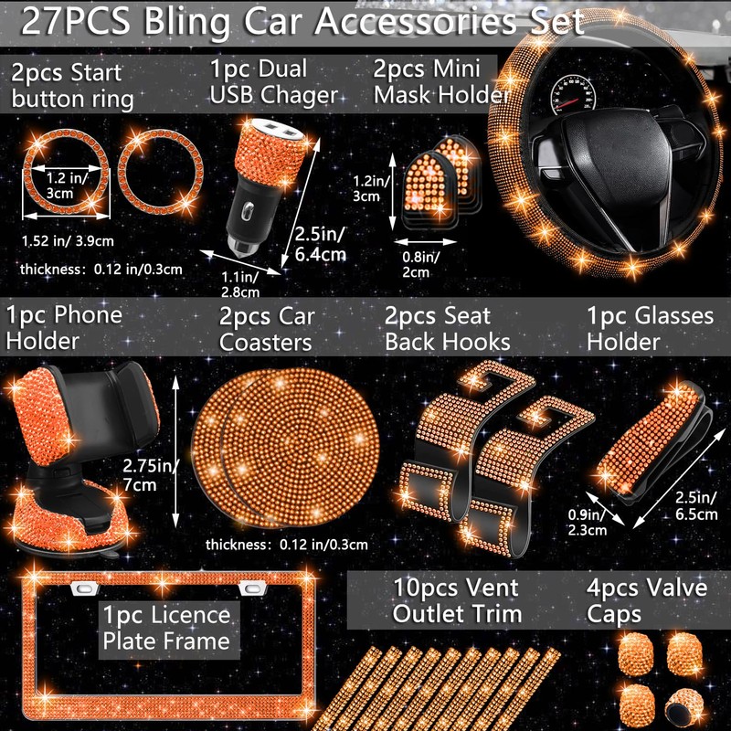 NBTEPEM 27 PCs Orange Bling Car Accessories Set for Women,