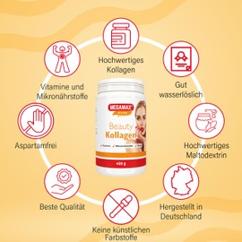 Megamax Nutrition - 2x400 g - Beauty Kollagen Pulver - mit Biotin Vitamin Komplex - Orangengeschmack - Für Haut Haare Nägel Bindegewebe Gelenke Muskeln Knochen - hochwertiges Collagen Hydrolysat