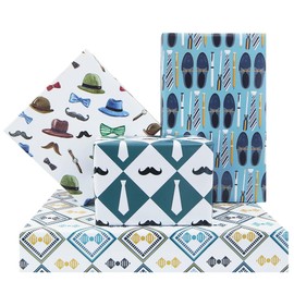 Father's Day Wrapping Paper for Father Grandad Men, Tie Moustache Funny Hat Clock Bow Tie Design for Father's Day, Father's Day, Birthday, 4 Designs Flat Folded 50 x 70 cm per Sheet