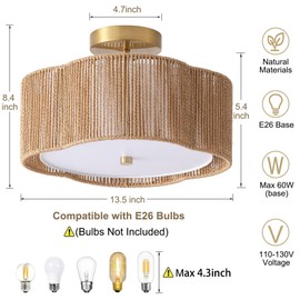 Giutna 13.5" Boho Light Fixtures Ceiling Mount for Bedroom, 3-Light Rattan Ceiling Light Fixtures Flush Mount, Close to Ceiling Light Modern Rattan Chandelier for Hallway Kitchen Dining Room(Yellow)