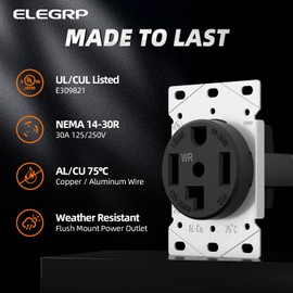 ELEGRP NEMA 14-30R WR Weather Resistant Dryer Outlet, 30 Amps 125/250V Flush Mounting Power Outlet, Straight Blade Heavy Duty Dryer Receptacle, Grounding, 3 Pole 4 Wire, UL Listed, 1 Pack