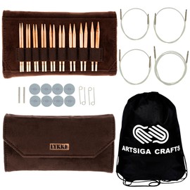 Lykke Cypra 3.5 in. Standard Set US Sizes 3, 4, 5, 6, 7, 8, 9, 10, 10.5 Interchangeable Circular Knitting Needles for Sport, DK, Worsted Yarn, Copper, 4 Swivel Cords, Brown VS Case, Project Bag