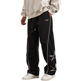 ZAFUL Men's Star Side Striped Casual Pants Y2K Lightweight Drawstring Dance Pants Baggy Fashion Straight Leg Pants Black XL